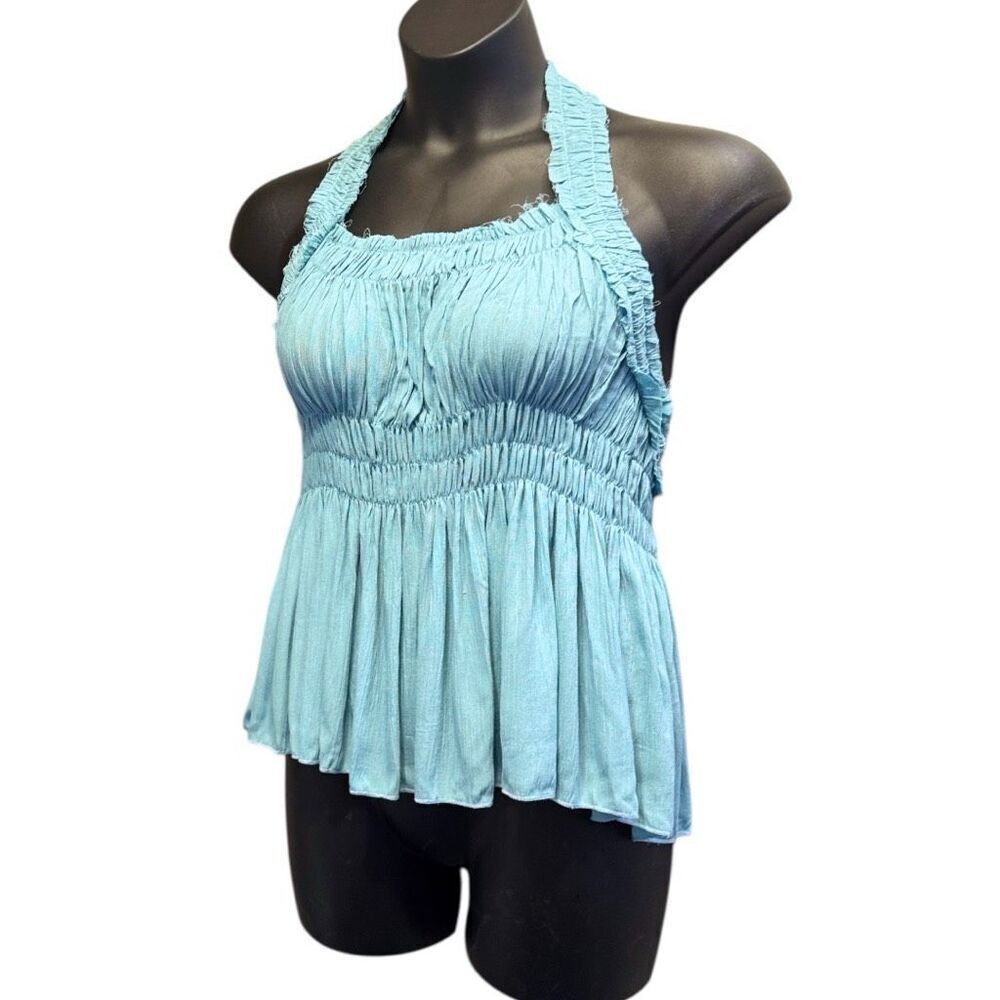 POL Blue Backless Halter Sleeveless Boho Top with Smocking Shirring Detail NEW - Picture 7 of 14